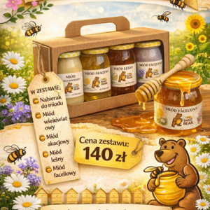 Zestaw 4 Miodów Naturalnych z Pasieki – Miód Akacjowy, Leśny, Wielokwiatowy, Faceliowy + Nabierak